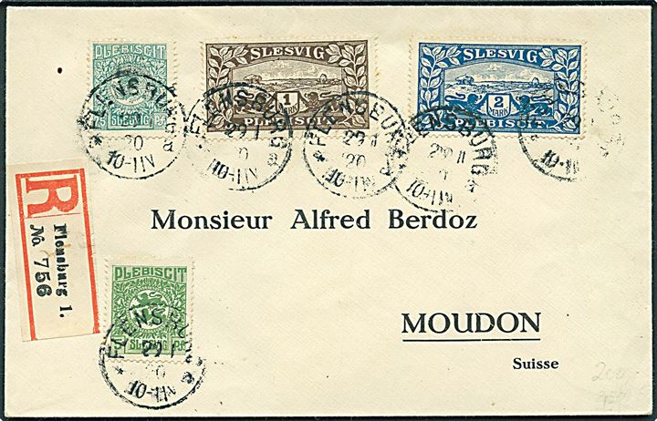 5 pfg., 75 pfg., 1 mk. og 2 mk. Fælles udg. på anbefalet brev fra Flensburg d. 29.1.1920 til Moudon, Schweiz.