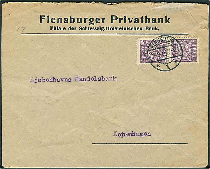 40 pfg. Fælles udg. i parstykke på brev fra Flensburg d. 22.6.1920 til København, Danmark.
