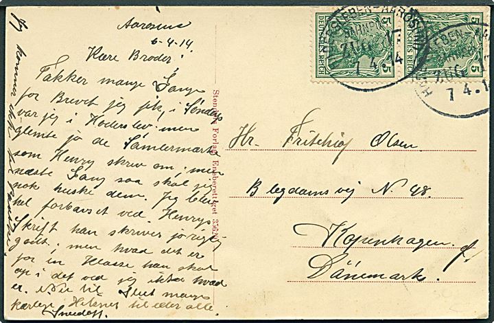 5 pfg. Germania i parstykke på brevkort fra Aarøsund annulleret med bureaustempel Hadersleben - Aarösund Bahnpost Zug 17 d. 7.4.1914 til København, Danmark.