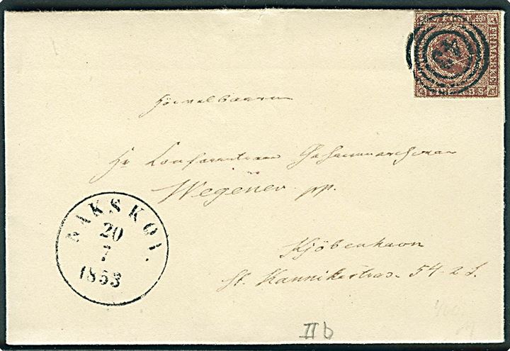 4 R.B.S. Thiele II sortbrun på brev annulleret med nr.stempel 43 og sidestemplet antiqua Nakskov d. 20.7.1853 til Kjøbenhavn.