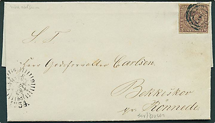 4 R.B.S. Thiele II rødbrun på brev annulleret med nr.stempel 1 og sidestemplet med kompasstempel Kiøbenhavn d. 10.2.1854 til Bekkeskov pr. Rønnede.