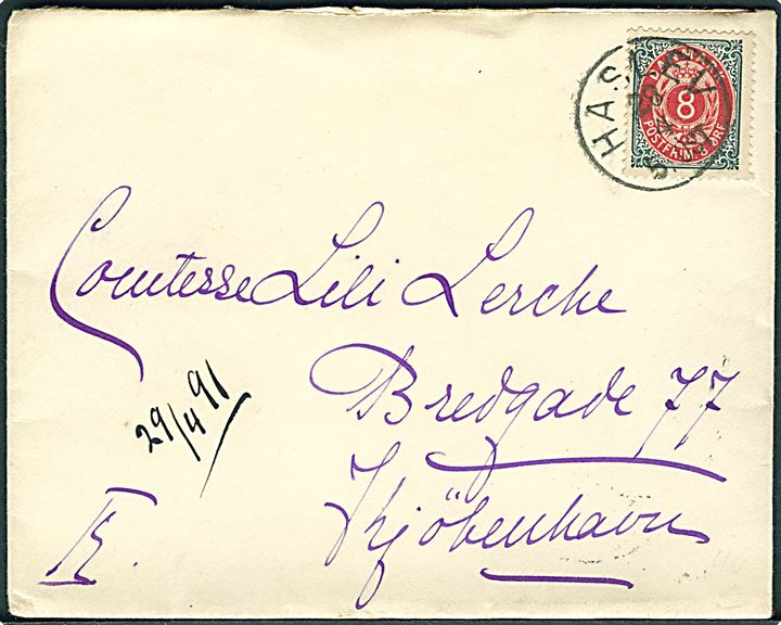 8 øre Tofarvet på brev annulleret med lapidar Haslev d. 28.4.1891 til Kjøbenhavn.