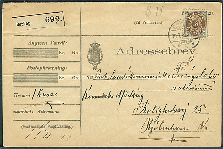 16 øre Tofarvet single på adressebrev for pakke fra Børkop d. 30.7.1893 til Kjøbenhavn.