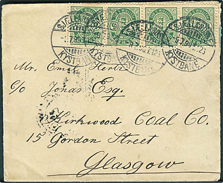 5 øre Våben i 4-stribe på brev annulleret med bureaustempel Sjællandske Kystbane T.425 d. 9.7.1898 til Glasgow, Scotland.