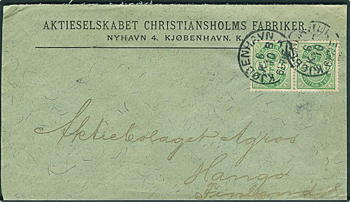 5 øre Våben i parstykke på brev annulleret med lapidar Kjøbenhavn KB d. 6.10.1894 til Hangö, Finland.