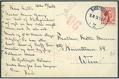 10 øre Chr. X på brevkort fra Kjøbenhavn d. 12.10.1918 til Wien, Østrig. Østrigsk censur. Svag fold.