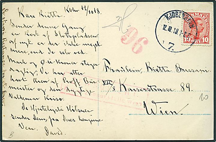 10 øre Chr. X på brevkort fra Kjøbenhavn d. 12.10.1918 til Wien, Østrig. Østrigsk censur. Svag fold.
