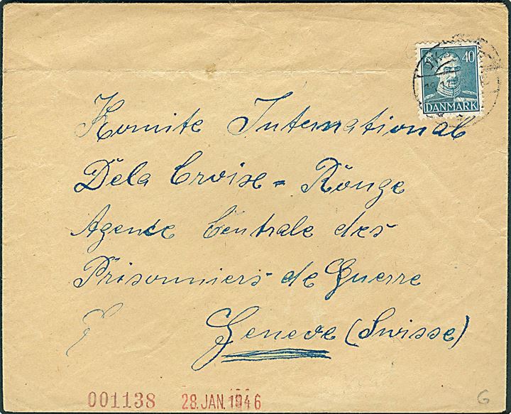 40 øre Chr, X på brev annulleret med svagt stempel fra Oksbøl d. 18.1.1946 til Internationalt Røde Kors i Geneve, Schweiz. Fra tysk flygtning i Oksbøl med ovalt stempel: (krone) St.c.L. Lejrchefen i Oxbøl.
