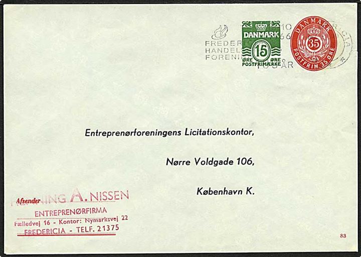 35 øre rød + 15 øre grøn bølgelinie helsagskuvert fra Fredericia d. 29.9.1966 til København. TMS nr. 361 - Fredericia Handelstands Forening.