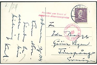 10 øre Chr. X på brevkort (H.C.Andersen i München 1860) fra Odense d. 13.8.1943 til Finspång, Sverige. Dansk censur med stempel Forsinket paa Grund af manglende Afsenderangivelse.