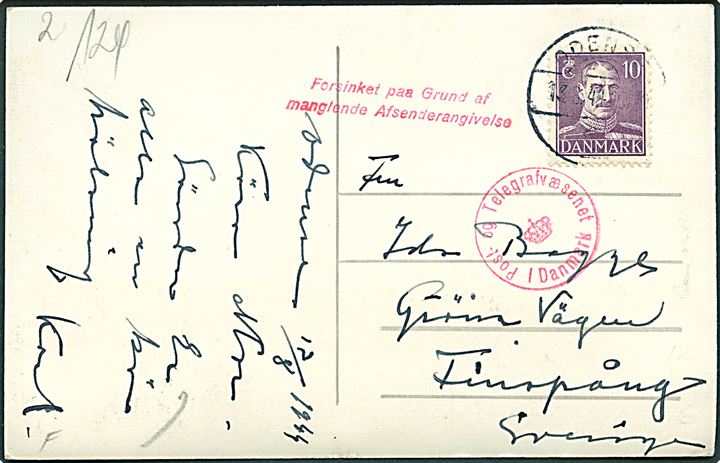 10 øre Chr. X på brevkort (H.C.Andersen i München 1860) fra Odense d. 13.8.1943 til Finspång, Sverige. Dansk censur med stempel Forsinket paa Grund af manglende Afsenderangivelse.