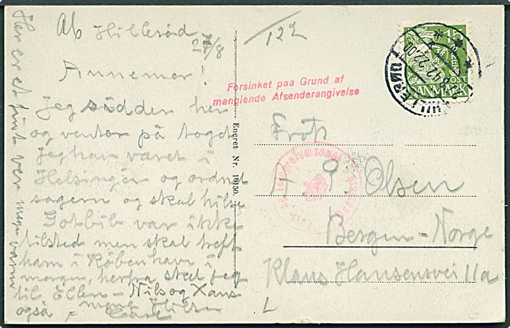 15 øre Karavel på brevkort fra Hillerød d. 27.8.1942 til Bergen, Norge. Dansk censur med stempel Forsinket paa Grund af manglende Afsenderangivelse.