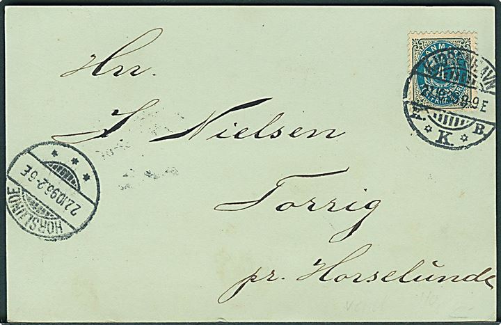4 øre Tofarvet på tryksags-brevkort fra Kjøbenhavn d. 21.10.1896 til Torrig pr. Horslunde.