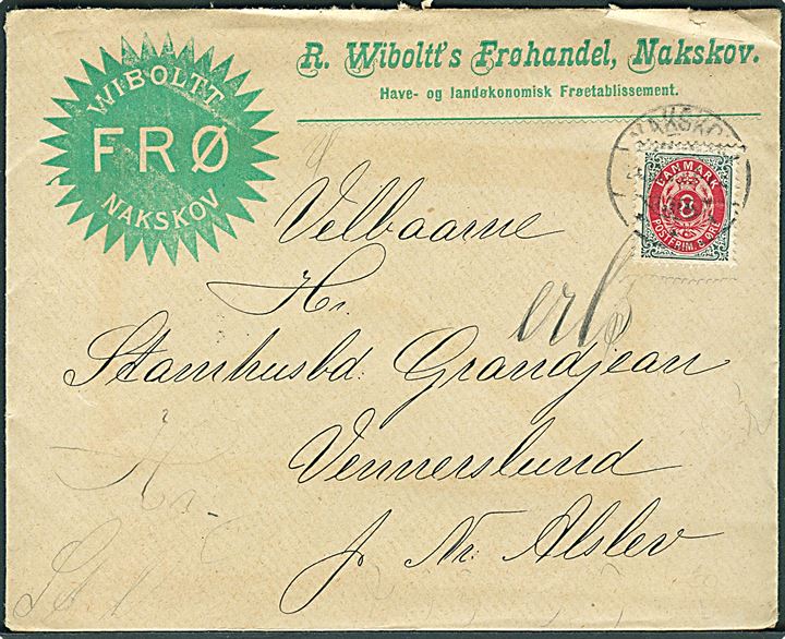 8 øre Tofarvet omv. rm. på illustreret firmakuvert fra Wiboltt Frø i Nakskov d. 26.10.1900 til Vennerslund pr. Nr. Alslev.