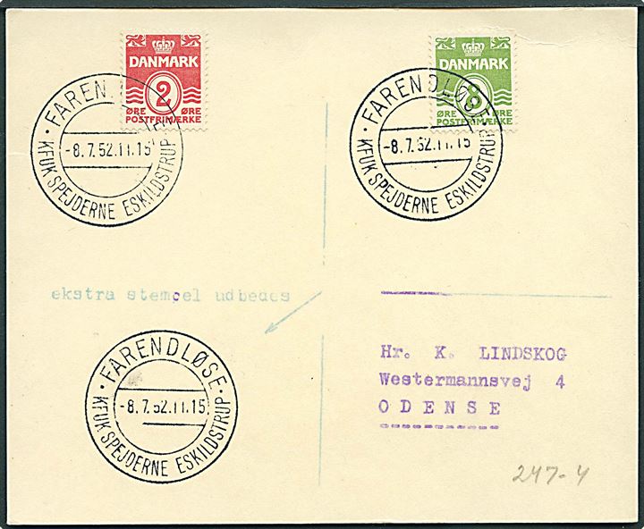 2 øre og 8 øre Bølgelinie på filatelistisk tryksags-brevkort annulleret med spejder særstempel Farendløse * KFUK Spejderne Eskildstrup * d. 8.7.1952 til Odense.