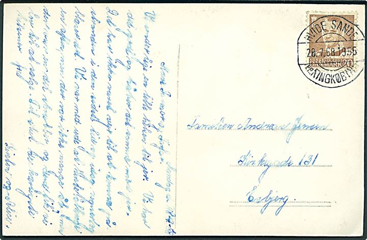 20 øre Fr. IX på brevkort (Nr. Lyngvig Fyr) annulleret med pr.-stempel Hvide Sande pr. Ringkøbing d. 28.7.1958 til Esbjerg.