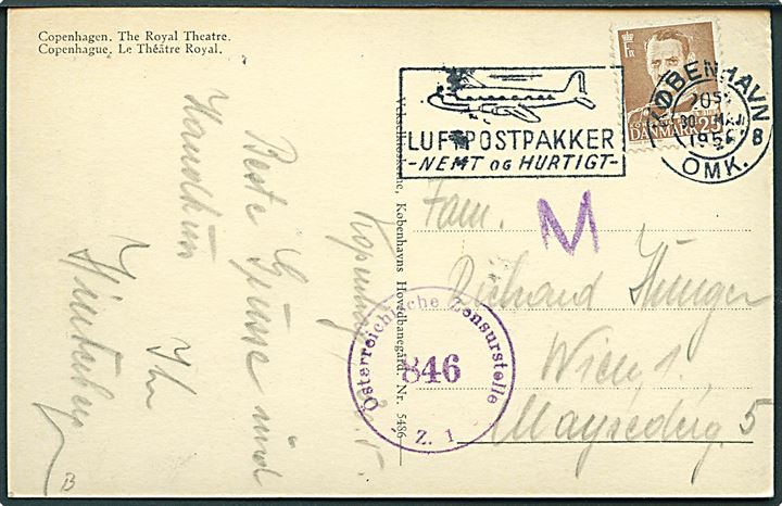 25 øre Fr. IX på brevkort fra København d. 30.5.1950 til Wien, Østrig. Østrigsk efterkrigscensur.