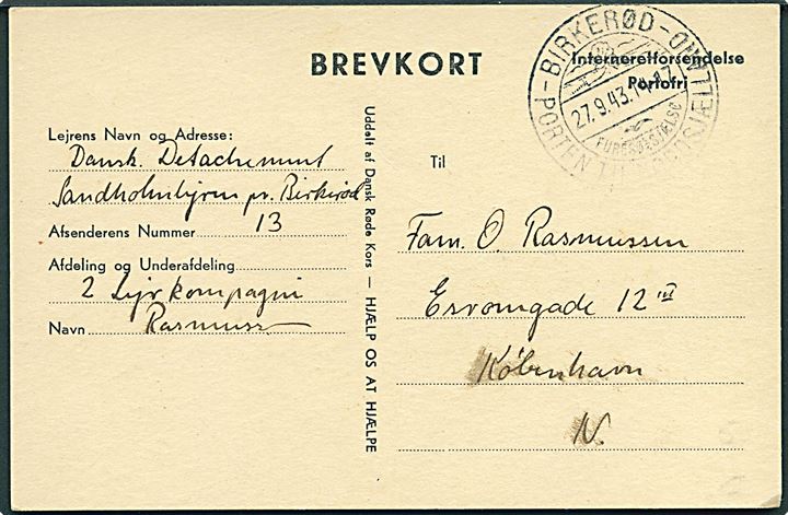Fortrykt ufrankeret Interneret brevkort stemplet Birkerød d. 27.9.1943 til København. Fra interneret soldat i Dansk Detachement Sandholmlejren.