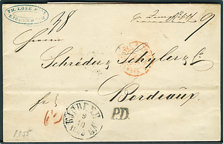 1855. Portobrev med antiqua Kjøbenhavn d. 9.10.1855 via Hamburg til Bordeaux, Frankrig. Påskrevet: pr. Dampschiff, samt flere portopåtegninger.