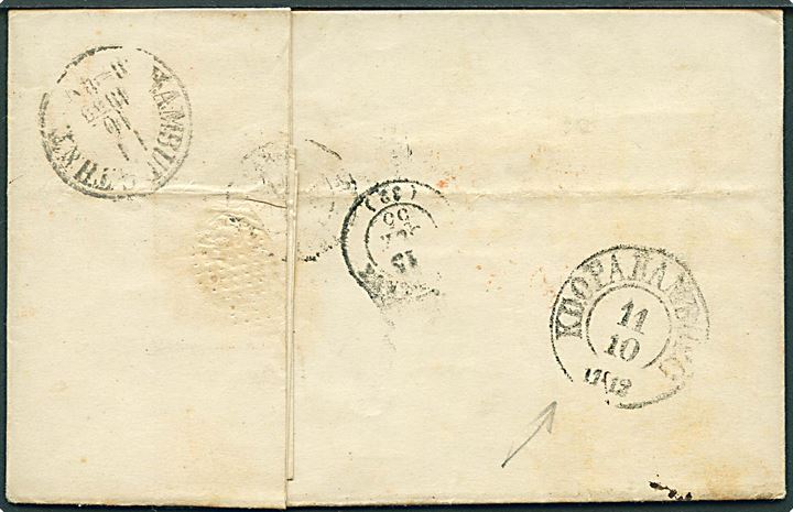 1855. Portobrev med antiqua Kjøbenhavn d. 9.10.1855 via Hamburg til Bordeaux, Frankrig. Påskrevet: pr. Dampschiff, samt flere portopåtegninger.