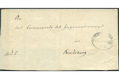 1850 (ca.). Ufrankeret Militaria brev påskrevet M.d.S. med utydeligt ovalt stempel Schleswig:Holst: Feldpost til Rendsburg. Kun del af omslag.
