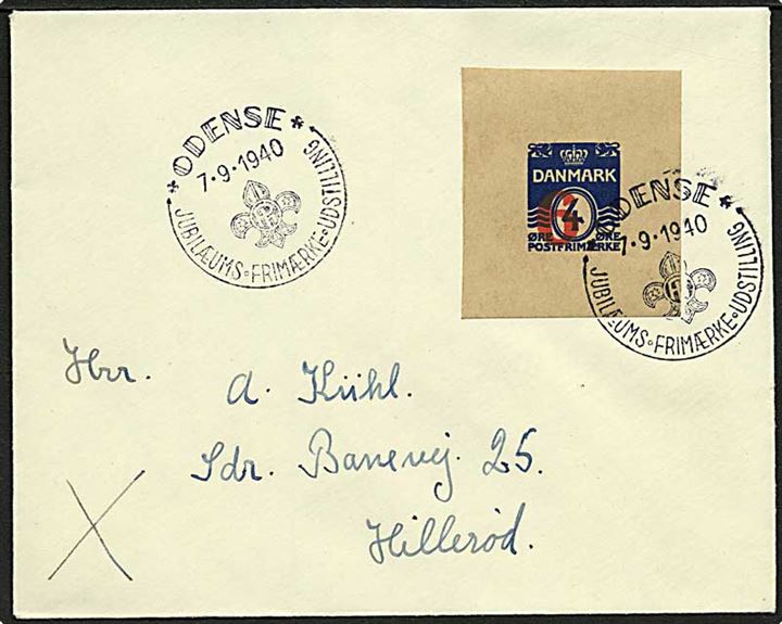 6/4 øre helsagsafklip på brev annulleret med udstillingsstempel fra Odense d. 7.9.1940 til Hillerød.