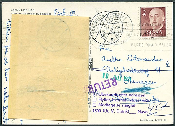Spansk 5 pta. Franco på brevkort fra Arenys de Mar 1971 til København, Danmark. Utilstrækkelig adresse og påsat forespørgselsetiket P4007a (8-70) fra Returpostkontoret. 