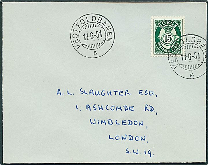15 øre Posthorn på brev annulleret med bureaustempel Vestfoldbanen A d. 11.6.1951 til London, England.