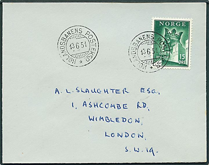15 øre Oslo Jubilæum på brev annulleret med bureaustempel Hølandsbanens Posteksped. d. 13.6.1951 til London, England.