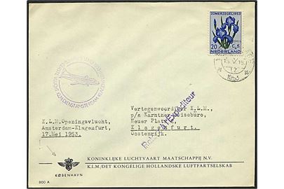 20+5 c.- Velgørenhed på fortrykt KLM kuvert sendt med 1. flyvning Amsterdam til Klagenfurt, Østrig d. 17.5.1953.