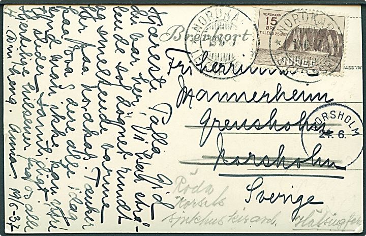 15+25 øre Nordkap på brevkort (Nordkap i midnatssol) annulleret med 2-sproget stempel Nordkap d. 19.6.1937 til Friherreinde Mannerheim, Grensholm pr. Norsholm, Sverige og eftersendt til Røde Kors Sygehus i Helsingfors. 