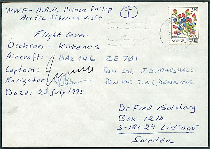 3,50 kr. Blomster på flyvningsbrev stemplet Hesseng i Sør-Varanger d. 25.7.1995 til Stockholm, Sverige. Befordret med WWF (World Wildlife Fund) og H.R.H. Prince Philip (Duke of Edinburgh) Arctic Siberian Visit 1995 på flyvning fra Dickson (Russisk arktis) til Kirkenes i Norge med RAF BAe 146 (ZE701) maskine. Signeret af pilot og navigatør. På denne rejse indviede Prince Philip bl.a. den Internationale Biologiske Station (IBS) “Lena-Nordenskiold” ved Lena floden. 