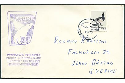 2,50 kr. Gås på brev stemplet Ny-Ålesund d. 15.7.ca. 1990 og sidestemplet med polsk ekspeditionsstempel fra den polske arktiske station i Hornsund til Båstad, Sverige.