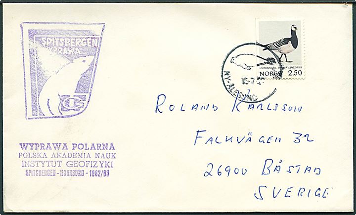 2,50 kr. Gås på brev stemplet Ny-Ålesund d. 15.7.ca. 1990 og sidestemplet med polsk ekspeditionsstempel fra den polske arktiske station i Hornsund til Båstad, Sverige.