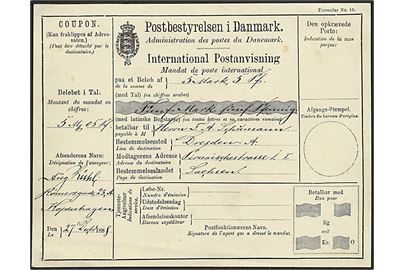 International Postanvisning. Formular Nr. 15. Udfyldt 1888, men ikke anvendt.