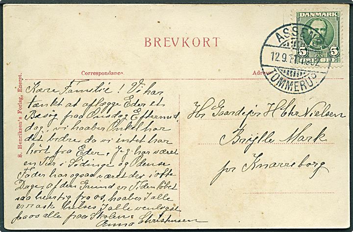 5 øre Fr. VIII på brevkort annulleret med bureaustempel Assens - Tommerup T.902 d. 12.9.1911 til Knarreborg. Kortet lidt løst.