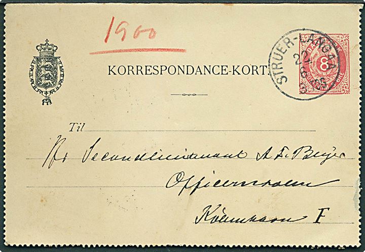 8 øre helsags korrespondancekort annulleret med lapidar bureaustempel Struer - Langaa d. 22.6.1900 til København.